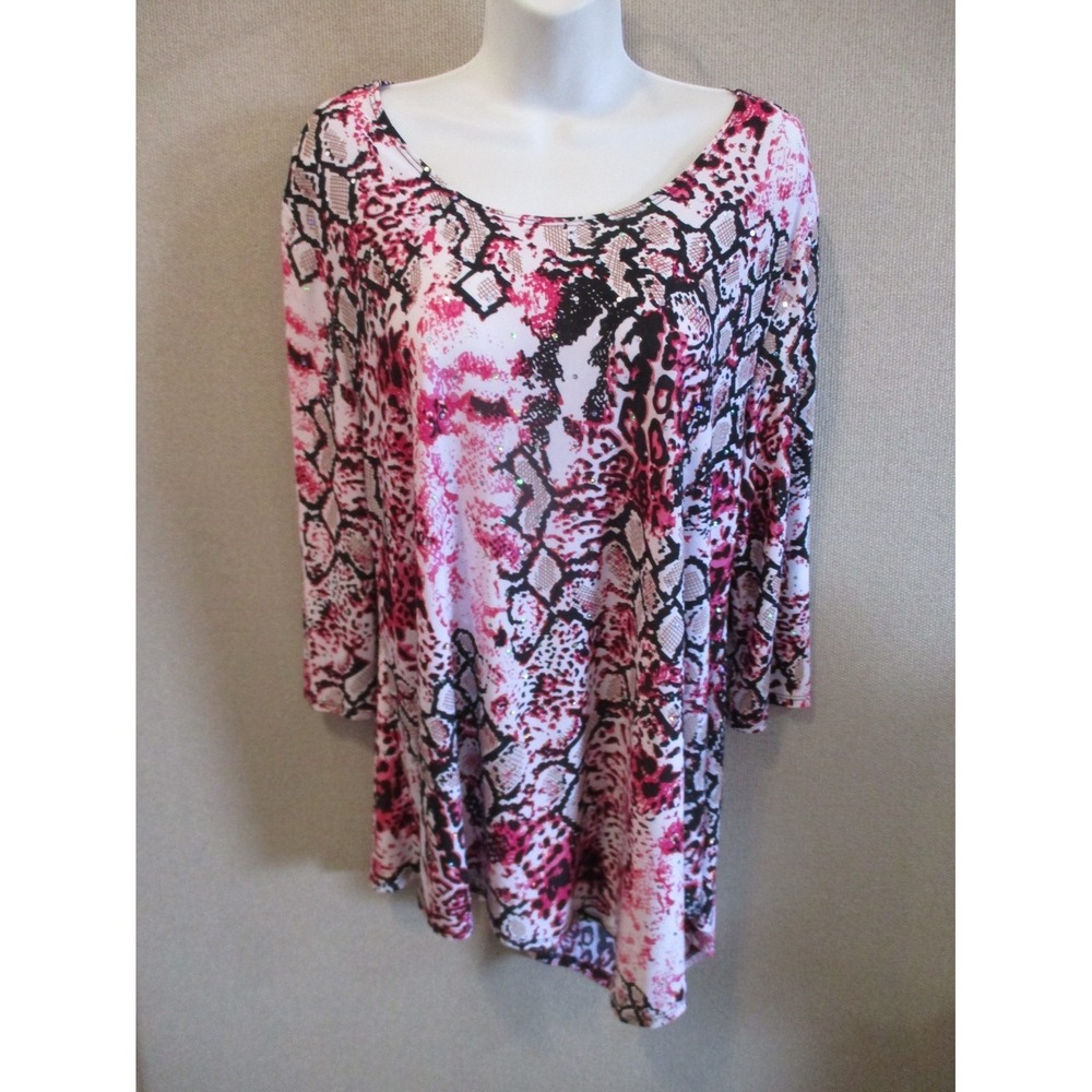 Caribe Artsy Animal Print Tunic Top 3/4 Sleeves Size XL Sequins
